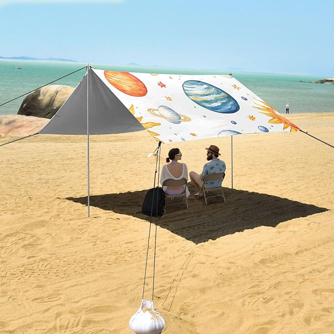 Beach Tent Sun Shelter Hand-Painted Planet Sun Lightweight &amp Easy Setup Beach Shade Canopy for Camping Fishing
