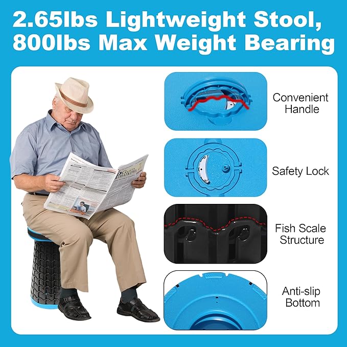 ALEVMOOM 18 Collapsible Stool 800lbs Max Weight Heavy Duty Portable Retractable Folding Telescoping Foldable Camping Stool for Adults Outdoor Fishing Travel BBQ (Blue)