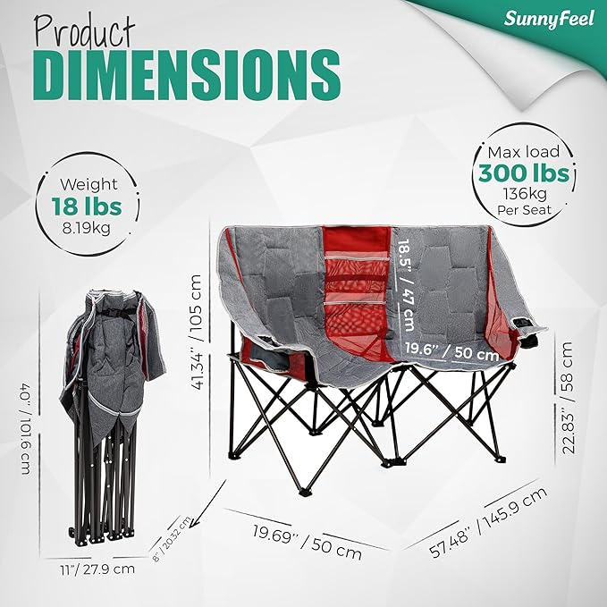 SUNNYFEEL Folding Double Camping Chair Oversized Loveseat Chair Heavy Duty Portable/Foldable Lawn Chair with Storage for Outside/Outdoor/Travel/Picnic Fold Up Camp Chairs for Adults 2 People