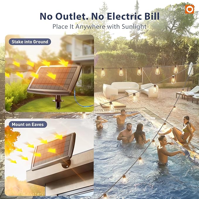 addlon 102FT(96+6) Solar String Lights Outdoor with Remote Waterproof Patio Lights with 30 Shatterproof LED Bulbs 30H+ Long-Lasting Dimmable &amp Timable Solar Light for Backyard Camping Garden Dec