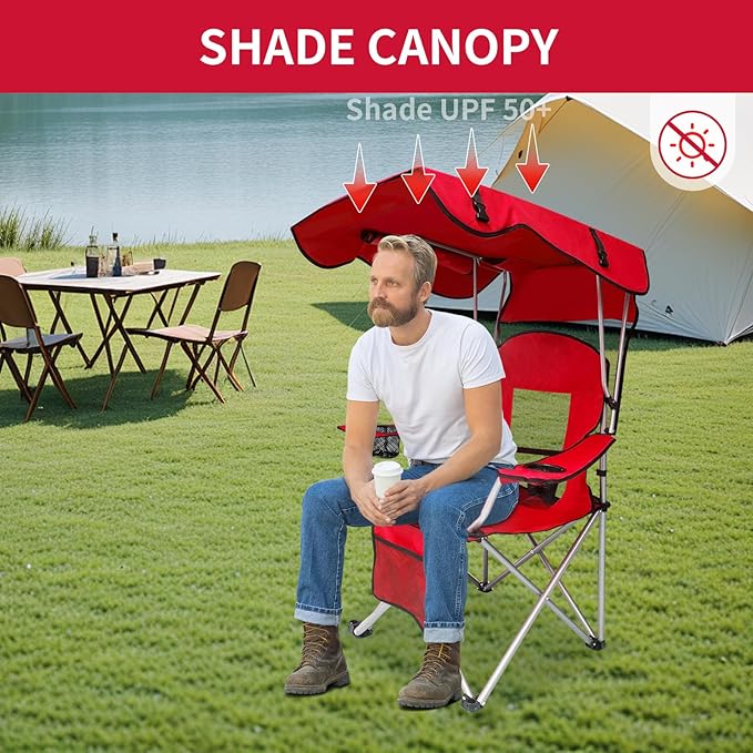 Portable Folding Camping Chair - Lightweight Durable Outdoor Chair for Camping Fishing Beach Lawn and More - Comfortable Folding Chairs for Outside Activities (RED)