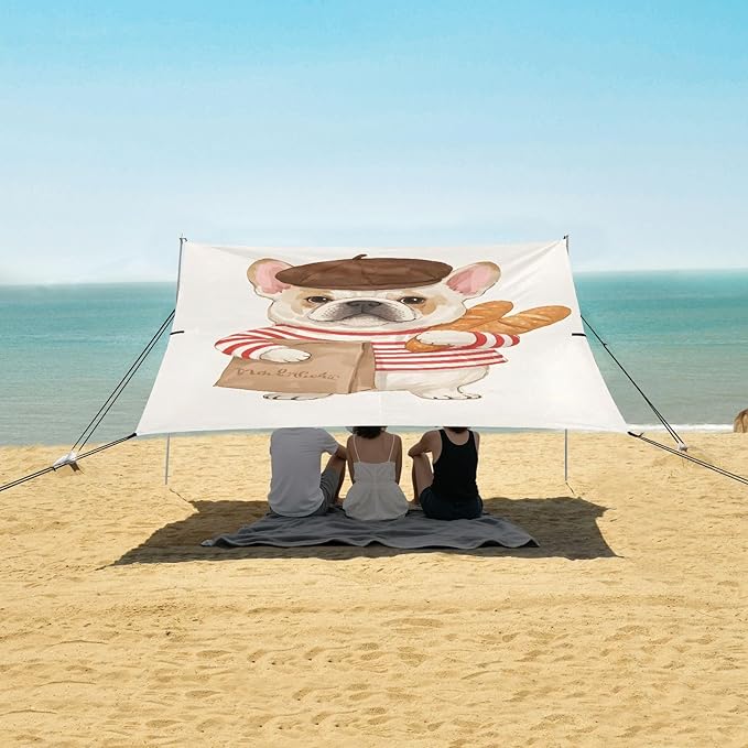 ALAZA Gental French Bulldog Puppy Dog Beach Tent Sun Shelter UPF50+ Protection Beach Shade Canopy w/ 4 Sandbags for Outdoor Camping Fishing Backyard Fun Picnic 10x9 ft