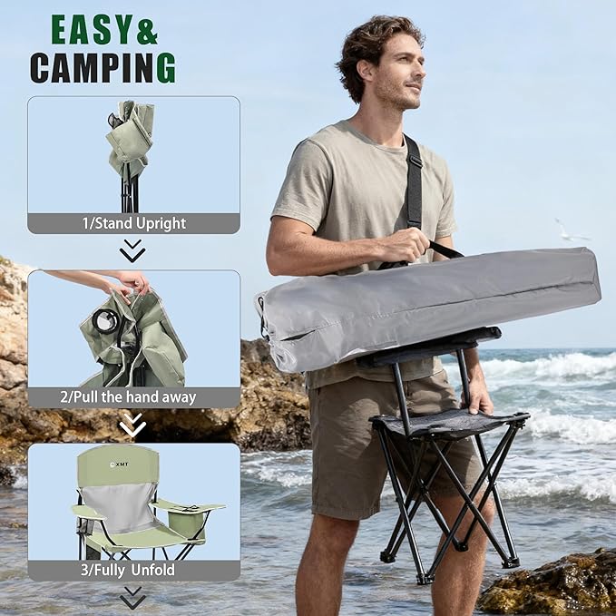 Portable Outdoor Folding Chair with Cup Holder &amp Cooler Bag - Breathable Mesh Wide Armrests Ergonomic Design for Camping Beach Backyard - Includes Storage Bag &amp Bottle Opener (Black/Green/
