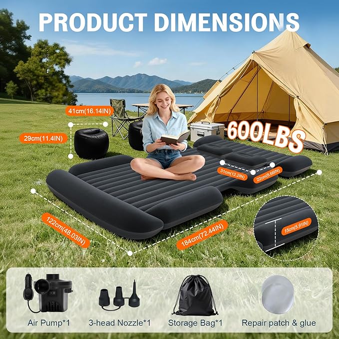 SUV Air Mattress - Thickened Car Air Mattress with Electric Pump Portable Inflatable Car Bed with 2 Pillows Camping Mattress Back Seat for SUV Trunk Travel Home (Black)