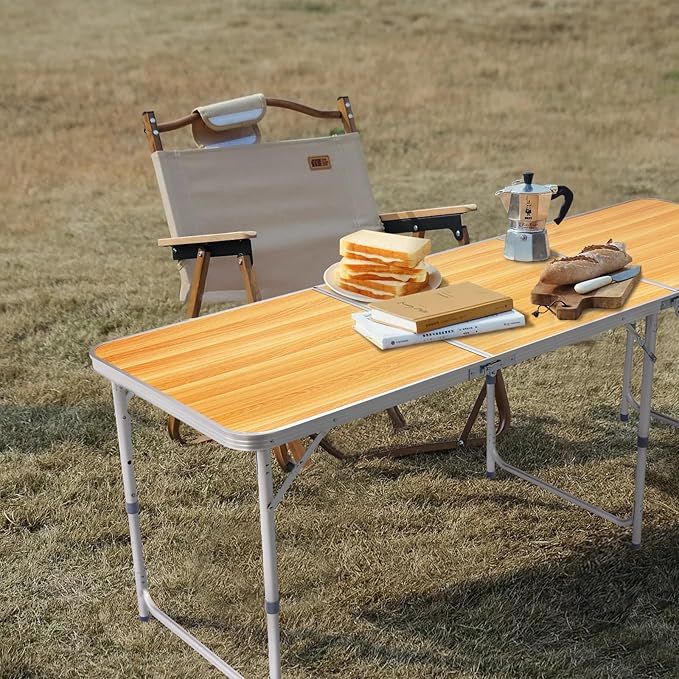 Folding Camping Table4FT Aluminum Folding Picnic Table with 3 Adjustable HeightHeavy Duty 3 Fold Utility TableIndoor Outdoor Portable Lightweight Beach Accessories with Carrying Handle (Wood Grain)