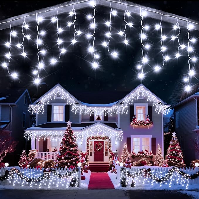 98 Ft Ice Lights for Outside 960 LED Christmas Lights Outdoor Plug in Christmas String Lights with 8 Modes &amp Timer for Holiday Party Wedding House Patio Outdoor Decor(Cool White)