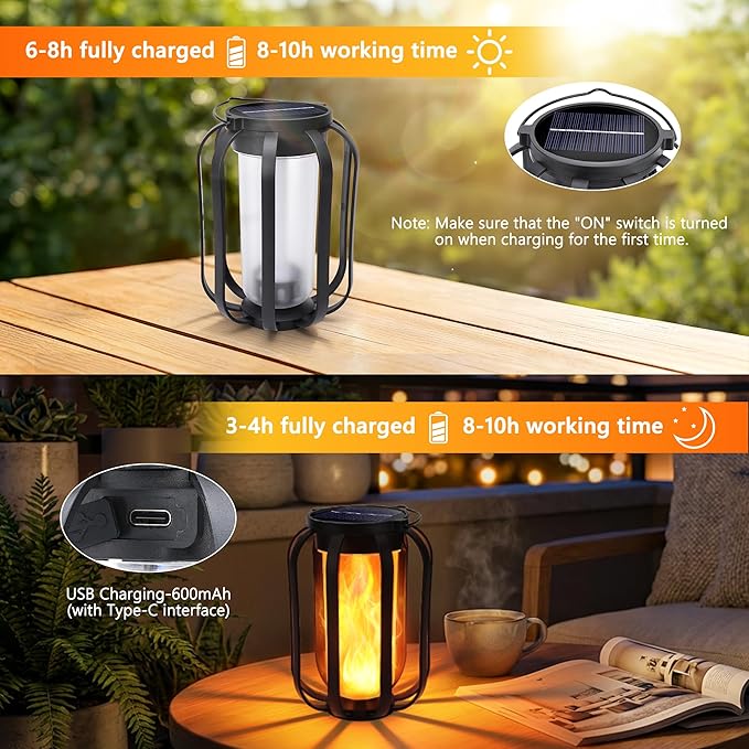 Toodour Solar &amp Battery Powered Lantern Outdoor Lights 2 Pack Black LED Lantern with 4 Modes Waterproof Rechargeable Hanging Solar Lights for Camping Patio Garden Yard Outdoor Decor
