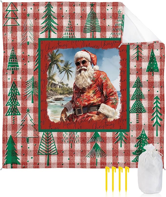 Beach Blanket Waterproof Sandproof OversizedSanta Claus Christmas Tree Seamless Beach Mat with Corner Stakes Sand PocketsRetro Red Buffalo Plaid Outdoor Picnic Mat for Travel Camping 118x108In