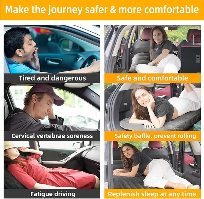 KMZ SUV Air Mattress Thickened and Double-Sided Flocking Travel Camping Bed with 2 Pillows &amp Electric Pump Dedicated Mobile Cushion Inflatable Bed for SUV Trunk and Rear Seat (Dark Gray)