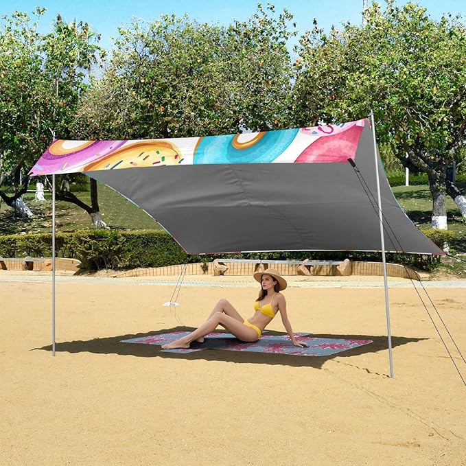 Colorful Donut Beach Tent Sun Shelter 9.2' x 10.5' Beach Canopy with 4 Sandbags 4 Stability Poles Sand Shovels - Tent Canopy for Beach Camping Fishing Picnics
