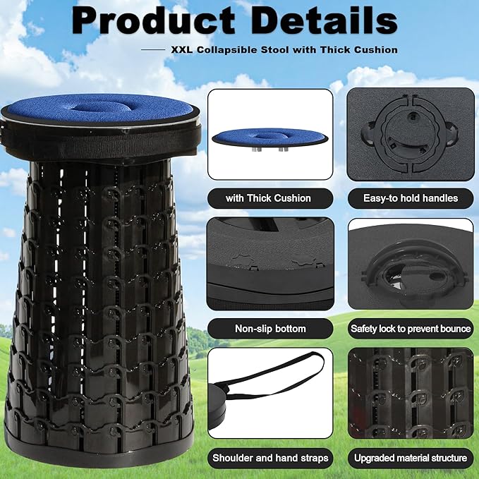 ALEVMOOM 2026 Upgraded XXL 19.7 Collapsible Stool with Cushion 1000lbs Max Weight Heavy Duty Portable Telescoping Stool Retractable Seat Folding Chair for Camping Fishing Hiking(Black-XXL)