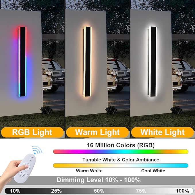 WINSEHN 2-Pack 60-Inch Long Linear Outdoor RGB Wall Light Fixtures 36W IP65 Waterproof Exterior Wall Mounted Entrance Lighting for Garage Porch House Remote Control Included