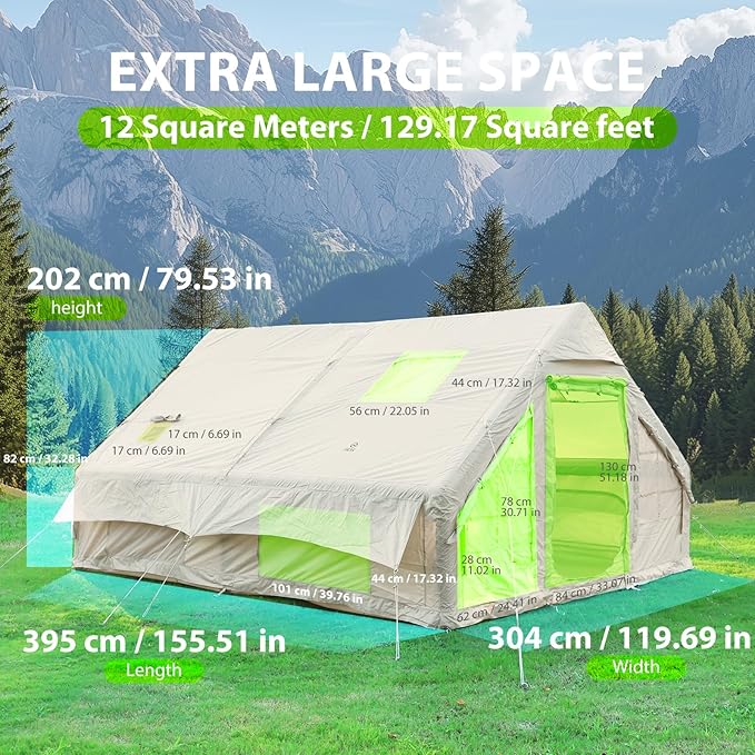 Nice C Inflatable Tent for Camping Glamping Tent for Adults Blow Up Tents with Air Pump 2-in-1 Air Valve Chimney Opening Waterproof Windproof Easy Set Up
