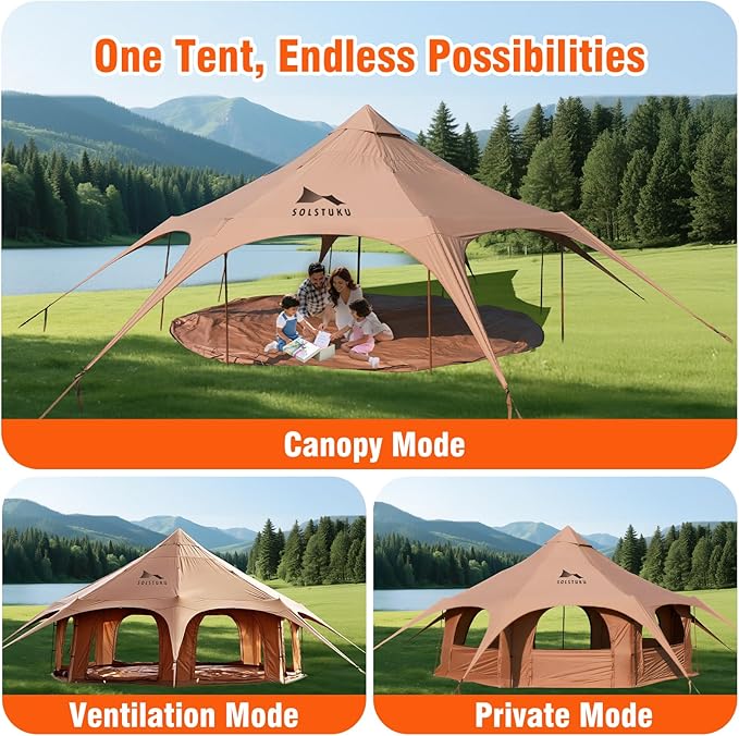 SOLSTUKU 4 Season Canvas Bell Tent 270 sq ft 9.8 ft Peak Height 10 Person Free Standing Zipper Closure Compact Style Camping &amp Hiking Family Camping Cold-Weather Outdoor Activities