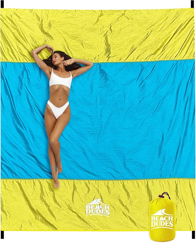 Sunny Day Oversized Beach Blanket - 108x84 XL Sandproof Water-Resistant Picnic Mat | Lightweight Ripstop Nylon for Travel &amp Camping | Includes 4 Stakes and Carry Bag