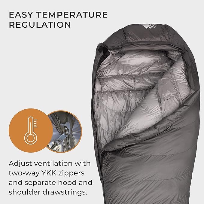 Hyke &amp Byke Katahdin 32 F Hiking &amp Backpacking Sleeping Bag - 4 Season 625FP Ultralight Sleeping Bag - Water Resistant - Charcoal Gray - Long