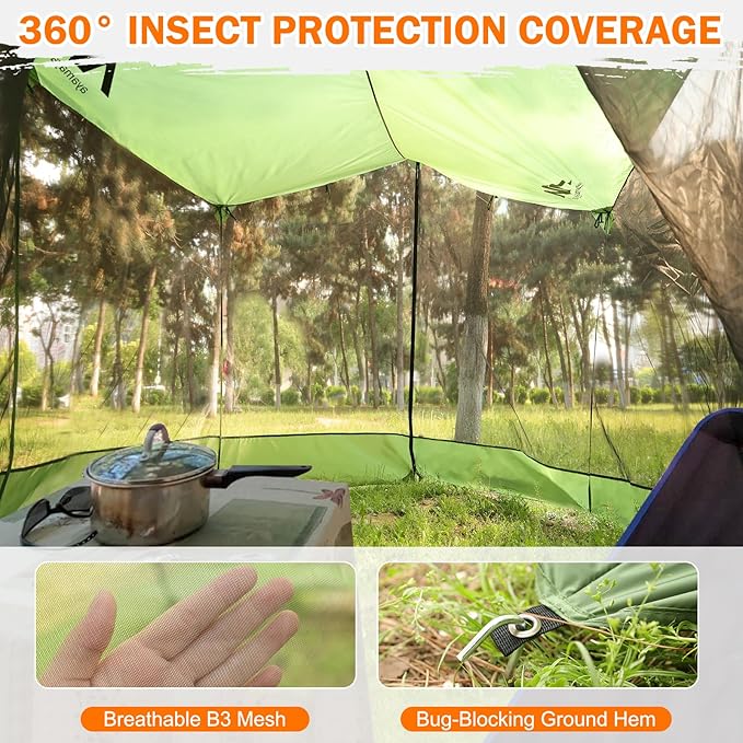AYAMAYA Camping Tarp with Mosquito Net Large Size 18 x 11 FT Screen House for Hammock Lightweight Camping Hammock Tent Rain Fly with Bug Netting for Picnics Backyards Backpacking Beach