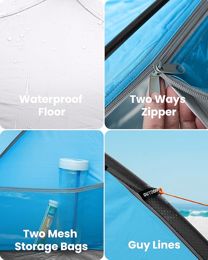 OutdoorMaster Beach Tent Sun Shelter with 2 Ventilated Doors UPF50+ Easy Setup Beach Tent Canopy for 3 Person Lightweight &amp Portable Family Beach Umbrellas for Sand with Carrying Bag - Blue