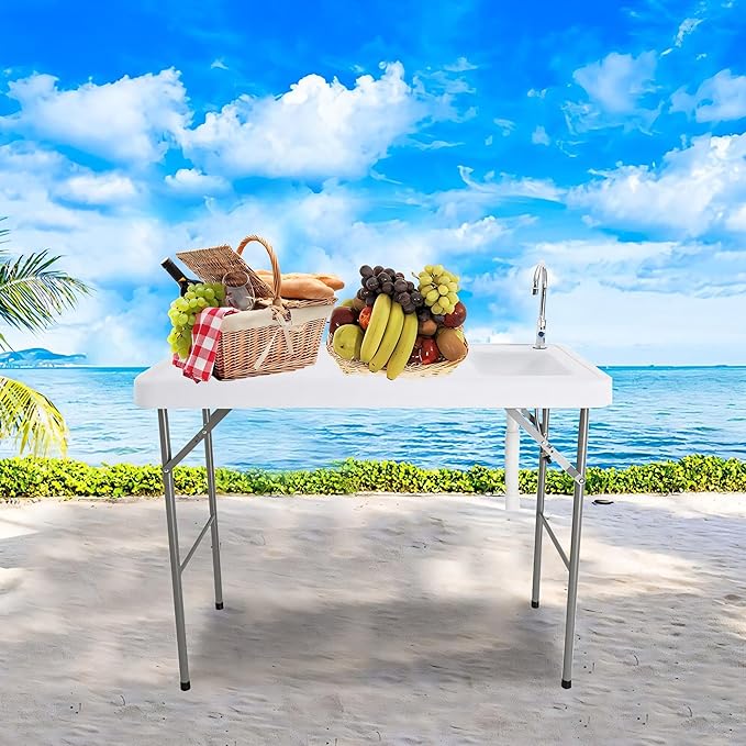 Fishing Cleaning Table with Sink - Portable Folding Camping Sink Table | Fish Fillet Hunting Station with Faucet Ideal for Picnic Gardening &amp Kitchen Use - White