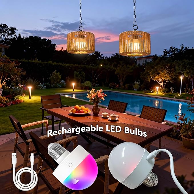 Battery Operated Chandelier Rechargeable Outdoor Pendant Light Cordless with RGB LED Bulb Boho Hanging Lights with Remote for Gazebo Porch Patio Pergola Indoor DecorSet of 2