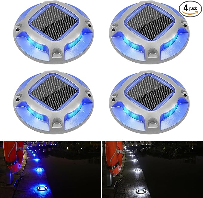 VOLISUN Solar Driveway Lights Dock Marine Lights 4 Pack2 Colors in 1Outdoor LED Deck LightSolar Powered Waterproof Warning Step Light for Driveway Sidewalk Pathway (Blue/White)Saltwater Resistant
