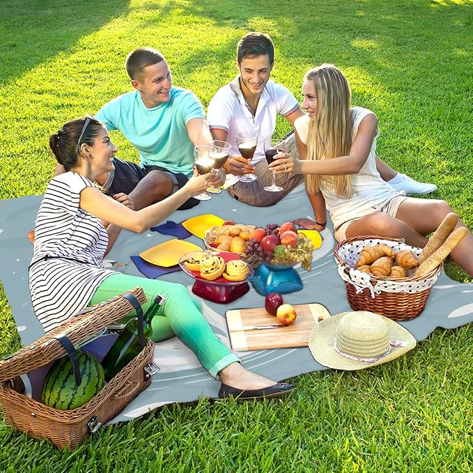 Waterproof Sandproof Beach Blanket 59''×68'' Animals Swans Polyester Outdoor Picnic Blanket with 4 Stakes &amp Storage Bag for BeachCampingVacation Grey