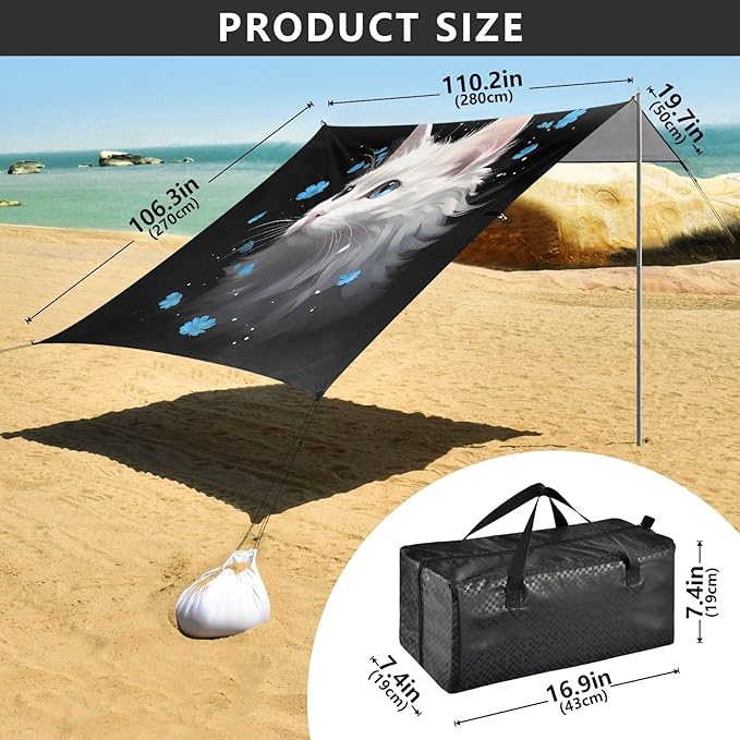 Camping Sun Shelters White Cat with Little Blue Flowers Beach Canopy 126 * 110.2in