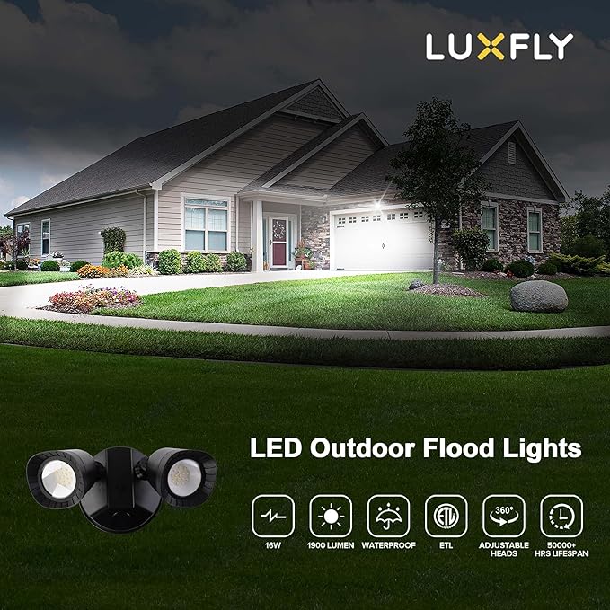 2 Pack LED Flood Lights Outdoor 16W 1900LM IP65 Waterproof Dusk to Dawn Dual Head Security Lights Exterior Wall Light for House Patio Garage Yard-Black 2P