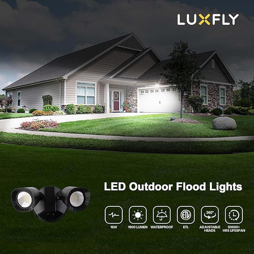 2 Pack LED Flood Lights Outdoor 16W 1900LM IP65 Waterproof Dusk to Dawn Dual Head Security Lights Exterior Wall Light for House Patio Garage Yard-Black 2P