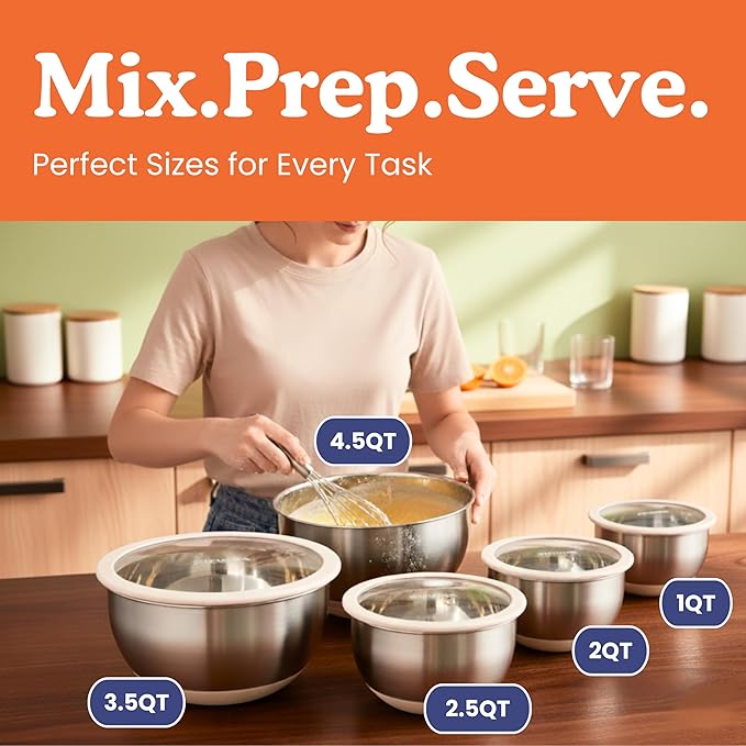 Ziruma Non-Toxic Mixing Bowls with Lids Set Stainless Steel &amp Glass 5 Pcs Plastic Free Bowls with Silicone Non-Slip Base Dishwasher Safe Mixing Bowl Set