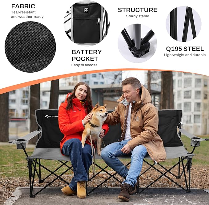 ANTARCTICA GEAR Heated Double Camping Chair with 12V 15000mAh Battery Pack - Heavy-Duty XL Folding Bench for Outdoor Campsites Tailgating - Portable Heated Seating with Adjustable Warmth