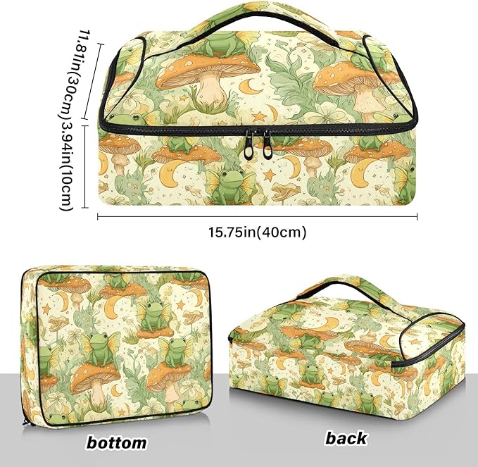 Casserole Carrier Mushroom and FrogInsulated Casserole Carrier for Hot or Cold Food Thermal Lunch Tote for Potluck Parties Picnic Beach Fits 9 x 13 Inches Baking Dish