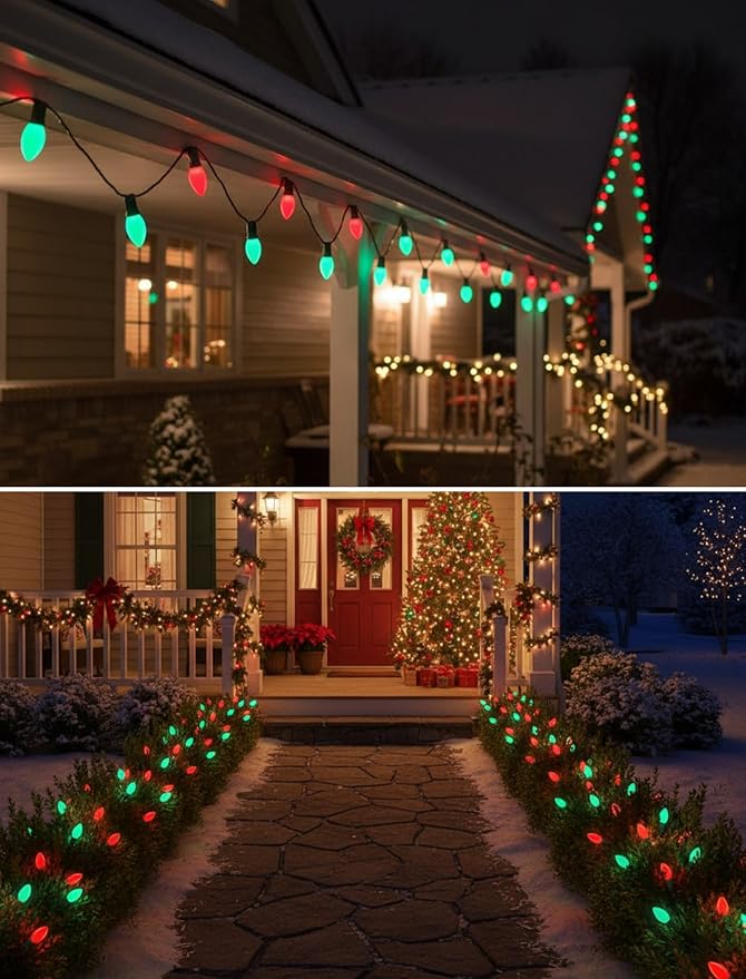 C7 Outdoor Christmas Lights - 25ft Red and Green Christmas Lights with 27 Ceramic Bulbs(2 Spare) Waterproof Extendable Christmas Tree Lights for Indoor Party Backyard Xmas LightGreen Wire