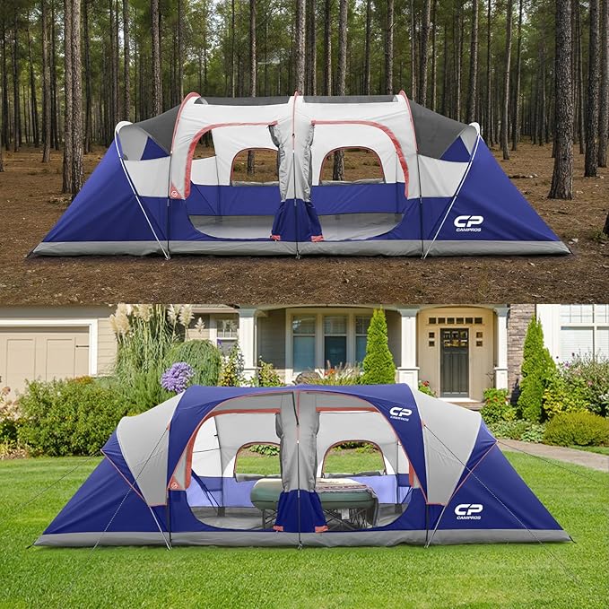 CAMPROS CP Tent 12-Person-Camping-Tents3 Room Family TentsWaterproof Windproof Family Tent with Top Rainfly6 Large Mesh WindowsDouble LayerEasy Set Up Portable with Carry Bag-20' x 9' x 72(H)
