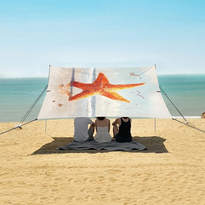 ALAZA Starfish Seagull Beach Beach Tent Sun Shelter UPF50+ Protection Beach Shade Canopy w/ 4 Sandbags for Outdoor Camping Fishing Backyard Fun Picnic 10x9 ft