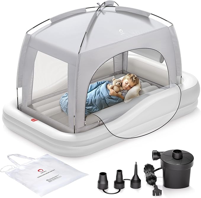 QPAU Inflatable Toddler Travel Bed with Tent Portable Kids Air Mattress with Safety Sides Ideal for Home Grandma's Camping Traveling -Includes Fast Electric Pump