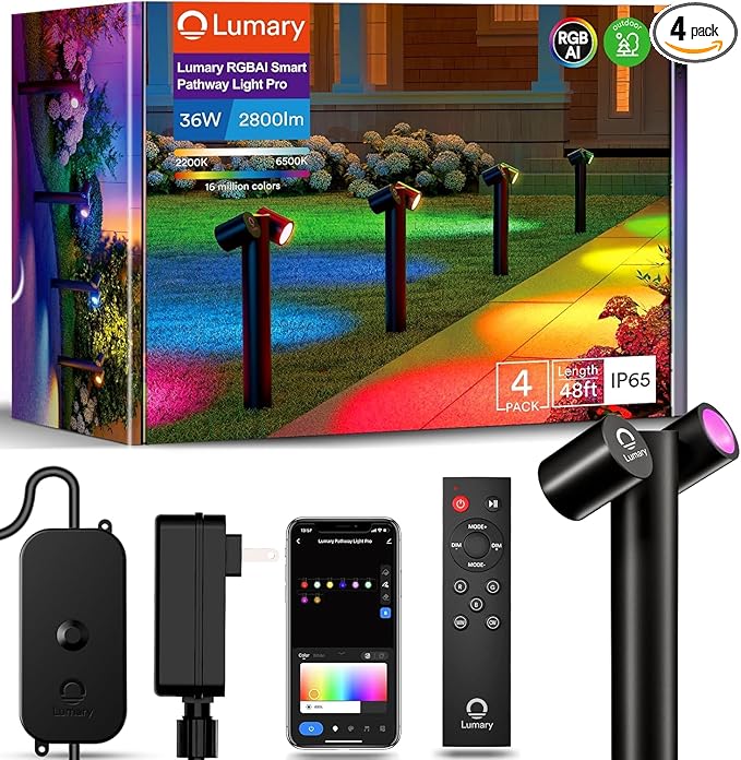 Lumary Smart Pathway Lights Pro 700LM RGBAICW Color Changing Landscape Lights with 8 Adjustable 355° Spot Lights IP65 Waterproof 48FT Wired Outdoor Landscape Lighting WiFi APP/Voice/Remote (4 Pack)