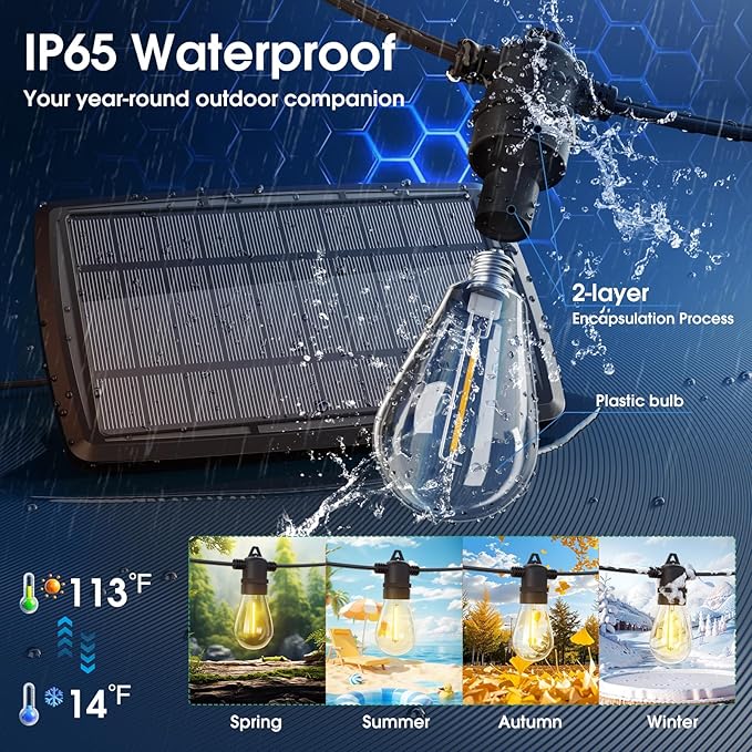 KYY 54(48+6) FT Solar String Lights Outdoor with USB Port Remote Waterproof and Shatterproof Patio with Solar Powered Panel LED Vintage Edison Bulbs Heavy-Duty and UL Listed Market Lights