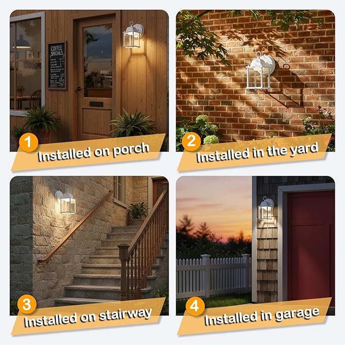LIT-PaTH Small Outdoor LED Wall Lantern with Dusk to Dawn Photocell 3000K Warm White 9.5W 800 Lumen Aluminum Housing Plus Glass Outdoor Rated 1-Pack White