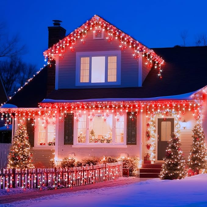 XURISEN 66ft Christmas Lights Decorations Outdoor 640 LED 8 Modes Curtain Fairy Lights with 120 DropsPlug in Waterproof Timer Memory Function for Christmas Holiday Wedding Party Decor(Red+White)