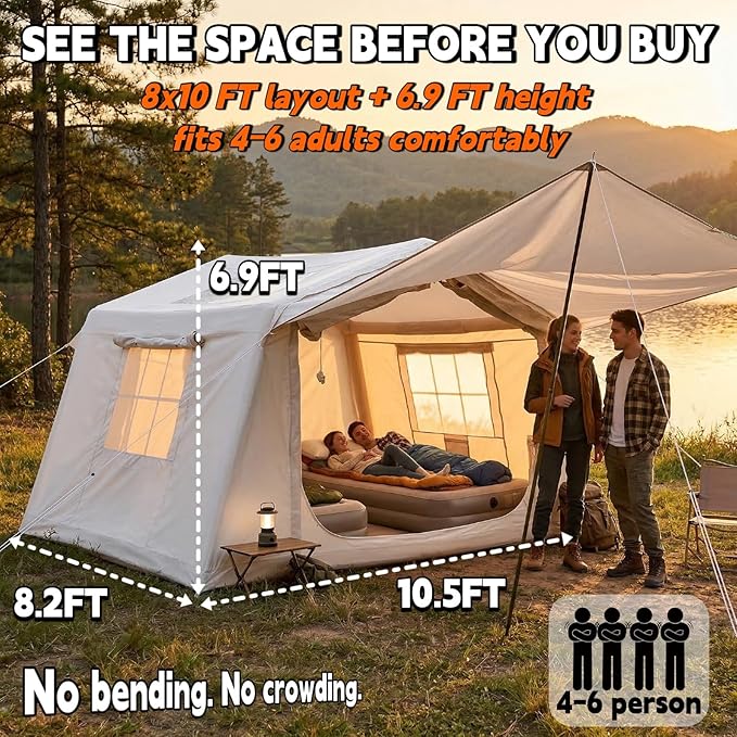 Inflatable Tent with Canopy for Camping 4/6/8 Person Large Family Air Tent 5 Min Easy Setup with Pump 4 Season Waterproof Oxford Camping Tent with Stove Jack &amp AC Port 8x10 FT Beige