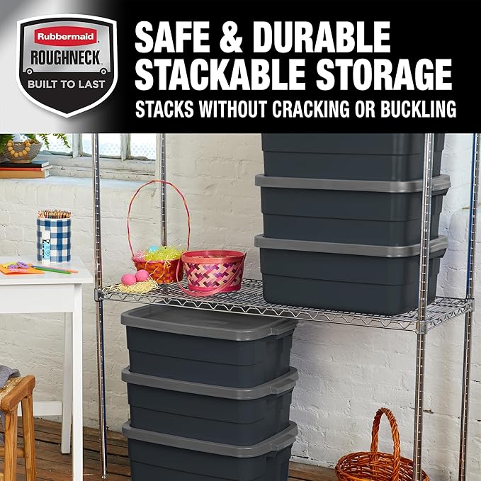 Rubbermaid 6-Pack Totes for Storage with Lids Heavy Duty Plastic Storage Bins with Lids Black Gray 10 GAL - Stackable for Garage Attic Camping (10 GAL - 6 Pack Solid Black and Grey)
