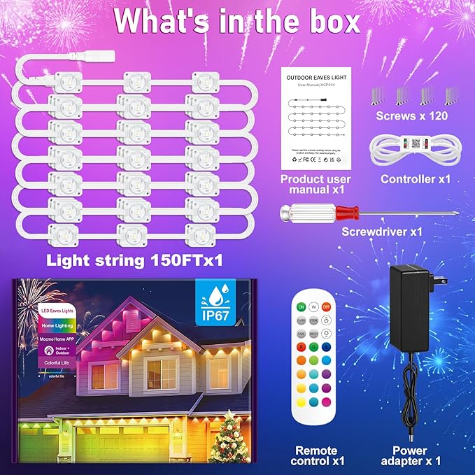 MUCCCUTE Permanent Outdoor Lights for Holidays Easter 150ft RGB House Light w/App &amp Remote Control Smart Rainbow LED IP67 Waterproof for New Year Christmas Roof Eaves Garden Décor All Year Around