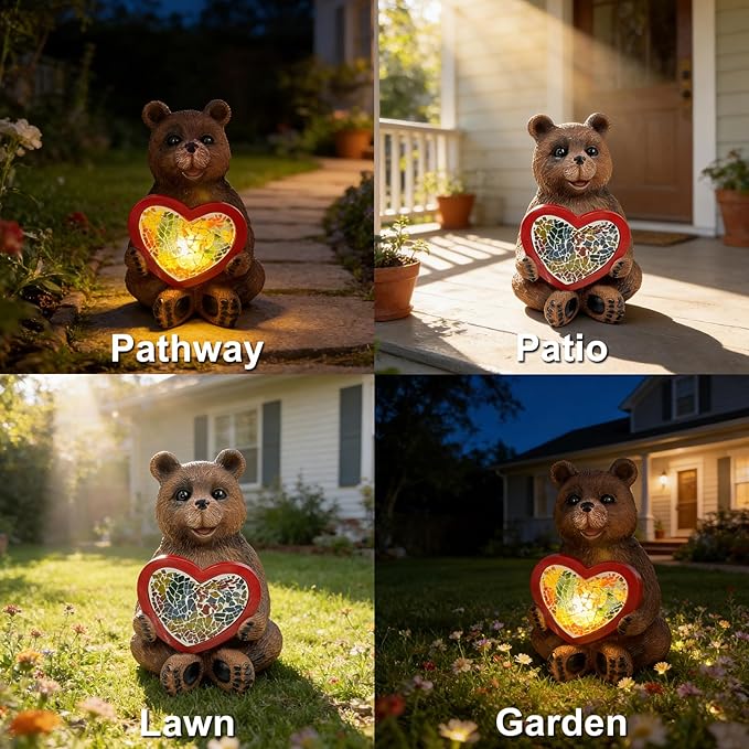 Solar Bear Garden Statues Decor for Outdoor Brown Bear Figurine Lights for Lawn Patio Yard Decoration - Unique Christmas Housewarming Gift for Grandma Wowen Mom