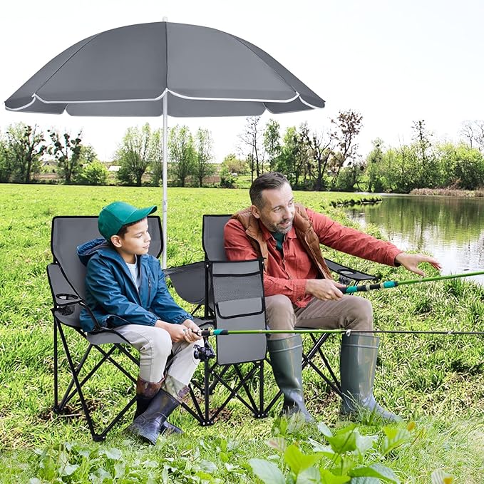 Beach Chair with Umbrella Portable Camping Chair with Cooler Bag Cup Holders Side Pocket Carrying Bag Double Folding Chair for Picnic Patio Canopy Outside (Gray)