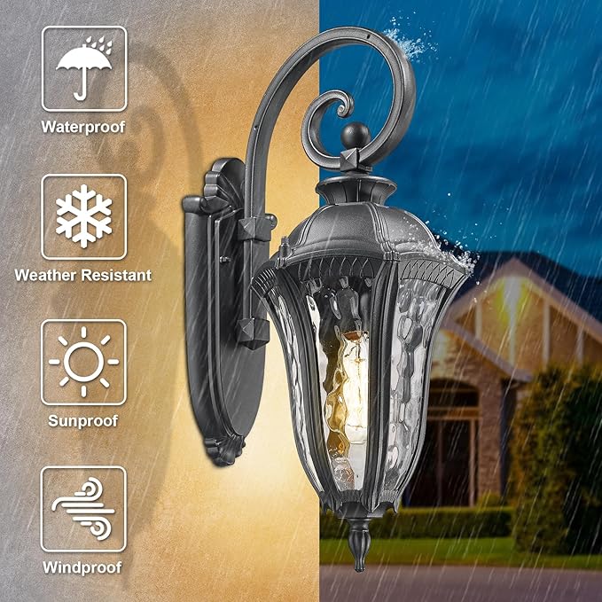 Outdoor Porch Lights Wall Mount Outdoor Sconce Lighting Waterproof Exterior Porch Light Anti-Rust Aluminum Outside Latern with Water Ripple Glass for House Yard Hallway Doorway Patio