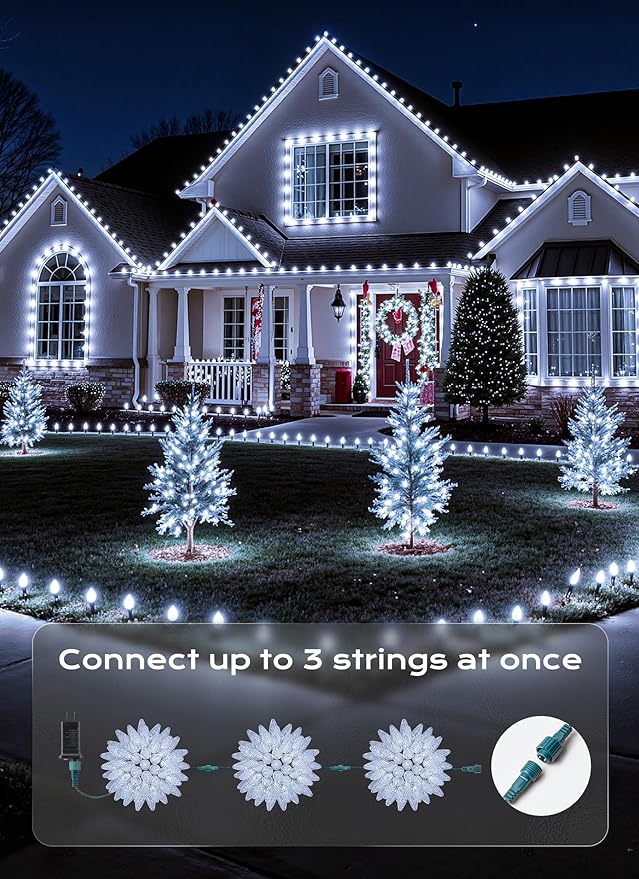 Minetom C9 Christmas Lights Outdoor 72 FT 110 LED C9 String Lights 8 Modes &amp Timer Connectable Waterproof for Christmas Tree Light Indoor Outdoor Roofline Patio Outside Yard Xmas Decor White