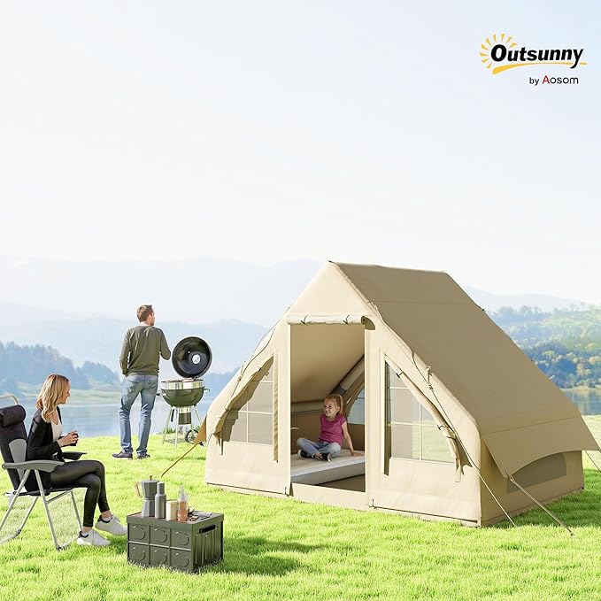 Outsunny Inflatable Tents for Camping Easy Setup Blow Up Tent 420D Oxford Windproof Waterproof 4 Season Glamping Tent with Pump and Carry Bag for 4-6 Person