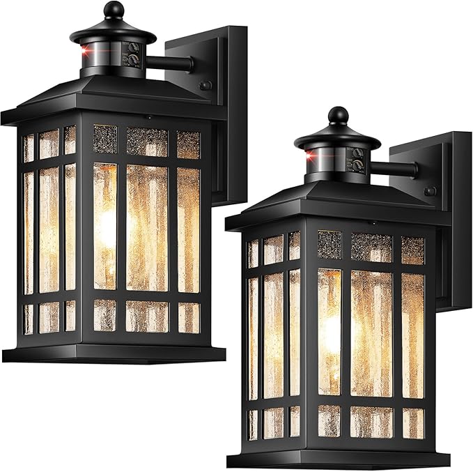 Motion Sensor Outdoor Light Adjustable Sensing Range 2 Pack Black Dusk to Dawn Exterior Lighting Fixtures with Seed Glass Aluminum Anti-Rust Outside Lights for House Garage Doorway Garden
