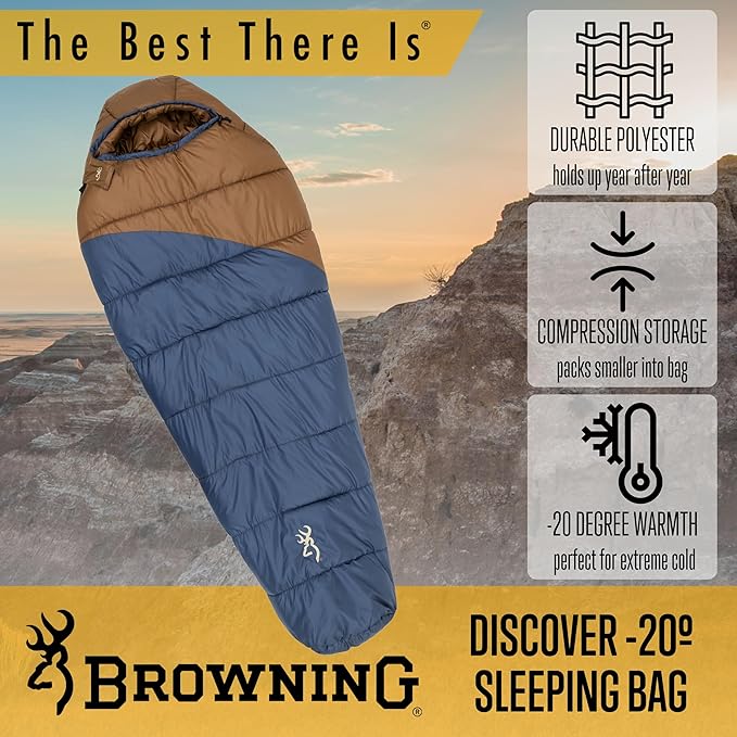 Browning Discover -20° Sleeping Bag – Extreme Cold Weather Mummy Sleeping Bag with TechLoft Silver Insulation Draft Collar &amp Durable Shell for Winter Camping Backpacking &amp Outdoor Adventure